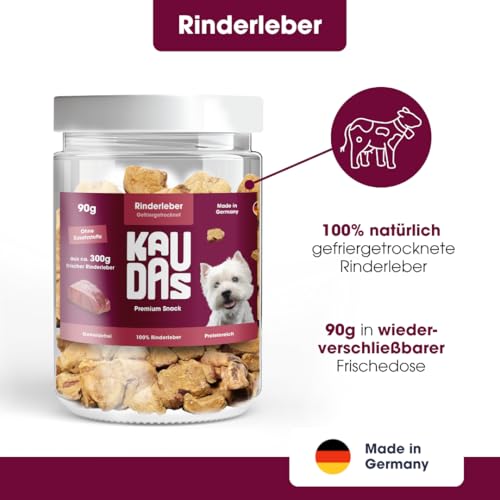KAUDAS RinderleberPur Natursnack – 2 x 90 g gefriergetrocknetes Rinderleber Leckerli Hund mit hohem Proteingehalt, 100% natürlicher Hundesnack 450g Rohgewicht – ohne Zucker, Getreide & Zusatzstoffe