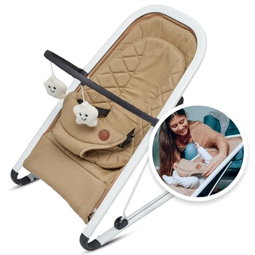Dezeyno Babywippe Neugeborene Spielebogen Höhenverstellbar bis 9kg - Babyschauckel Baby-Wiege Beige