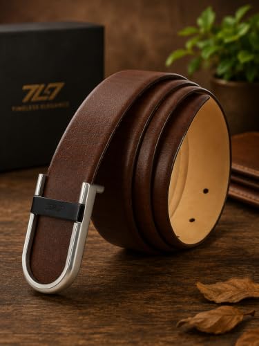 Image of GIL Brown Leather Belt for Men, Men's 34mm Profile Leather Belt with Signature Buckle, Casual and Formal Wear