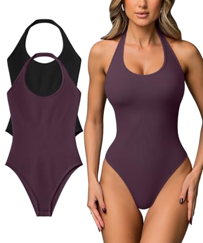 OQQ Women Halter Neck Bodysuits 2 Pack Sleeveless Shapewear One Piece Leotard Shirt Going Out Tops Black Darkpurple