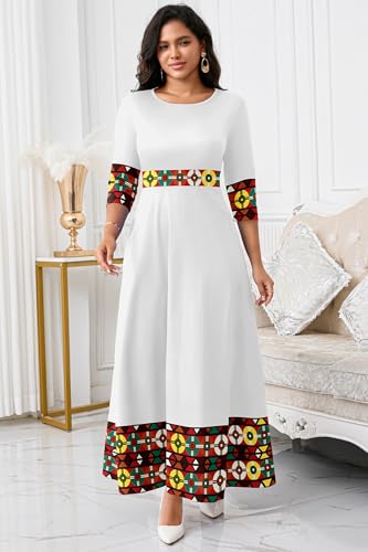 FANDEE Casual Maxi Dresses for Women Elegant 3/4 Sleeve Round Neck Africa Print Church Dress with Pocket2