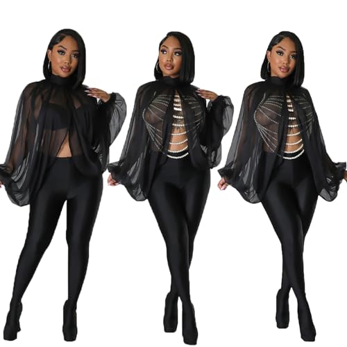 Women’s Sexy See Through Chiffon Sheer Lantern Sleeve Front Back Open High Neck Self Tie Shawl Casual Shirts Blouses Tops4