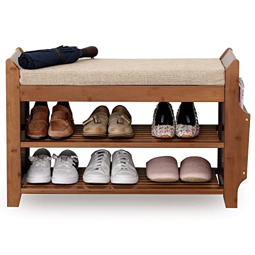 Sobibo Shoe Rack Bench, Shoe Organizer With Storage Basket, Side Drawer Bamboo Removable Padded Cushion Seat, For Entryway Hallway Living Room Bathroom-31'' #TOP5