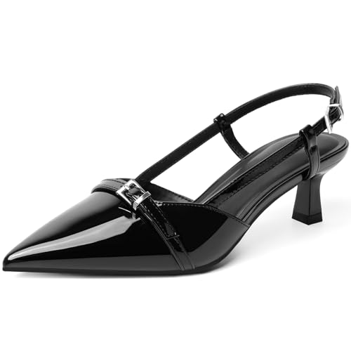 Image of Mostrin Kitten Heels for Women Pointed Toe Pumps Patent Leather Low Heel Slingback Heels with Buckle Dress Shoes for Dating Party Working