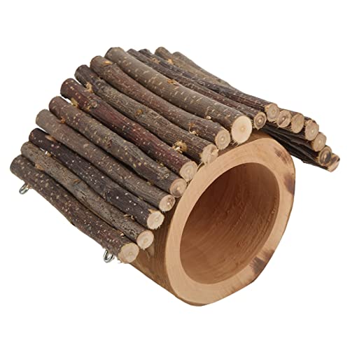 Wooden Hamster Tree Hole with Roof, Applewood Pet Hideout Tunnel Ferret Crab Shelter Play Rest Ladder for Small Animal Pets