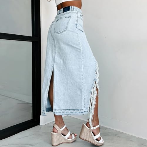 Women's High Waisted Denim Skirt Asymmetrical Hem Split Ripped Frayed Raw Edge Midi Length Skirt with Pockets4