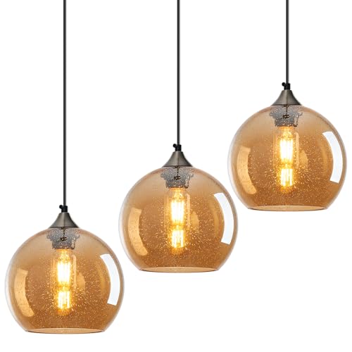 Image of Amber Glass Pendant Lights Kitchen Island Lighting Globe Pendant Light Fixtures Modern Pendant Lighting for Bedroom Living Dining Room Light Fixture (7.87 in, 3 Pack)