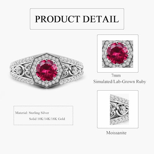 10K 14K 18K Gold Round Cut Gemstone Vintage Rings for Women 7MM(1.3CT) Gemstone and Moissanite Promise Statement Anniversary Ring for Her Size 4-154