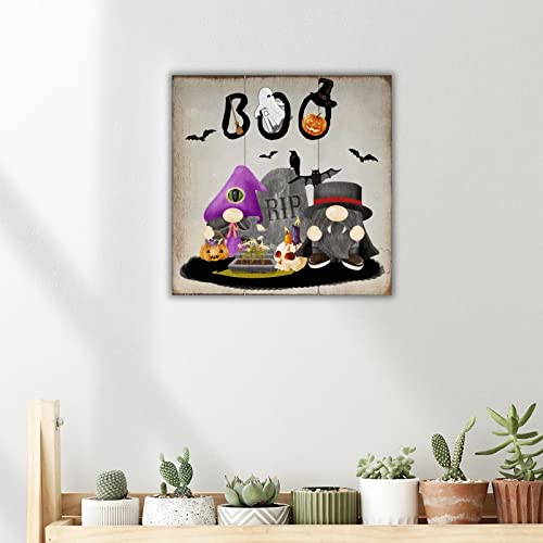 Panneau en bois Halloween Boo de 30,5 cm avec gnome et citrouille moderne pour salon - 6