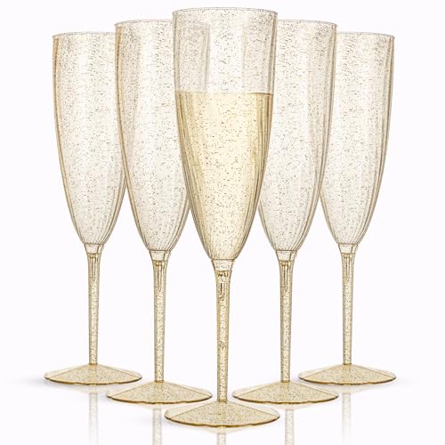 WDF 36-Pack Plastic Champagne Flutes - Gold Glitter Champagne Glasses Disposable - Perfect for Thanksgiving, Weddings, Birthday, Bridal Showers