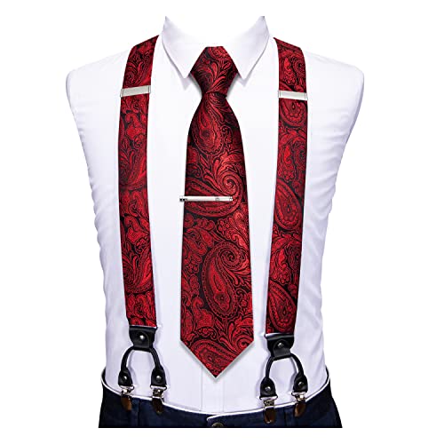 Image of Barry.Wang Men Suspender Set with Necktie Elastic Y Type Heavy Duty 6 Clips Braces Tie Handkerchief Cufflink Pin 6PCS