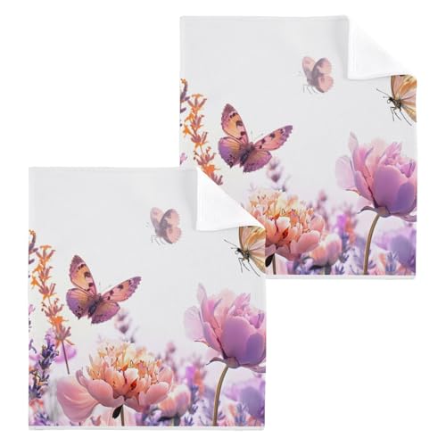 ALAZA Wash Cloth Set 100% Cotton Fingertip Towels Face Cloths Sets Lavender Butterfly Highly Absorbent Soft Feel Set of 2