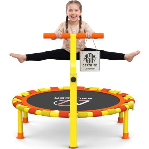 Image of ANCHEER 38 inch Toddler Trampoline for Kids, ASTM Certified Foldable Mini Trampoline with Adjustable Foam Handle, Indoor & Outdoor Kids Trampoline, Quiet Design, 200 LBS Capacity, Easy Assembly