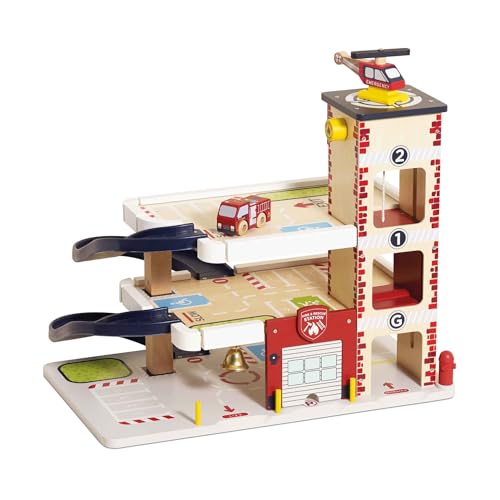 Le Toy Van Wooden 3 Storey Fire & Rescue Garage Toy Car Play Set,...