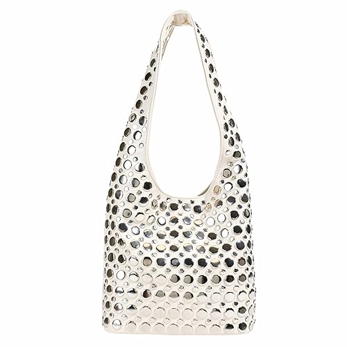 Ansseng Bolsa de ombro feminina de couro vegano, bolsa Y2K, bolsa punk Hobo dos anos 90, bolsa fashion 2025, Branco