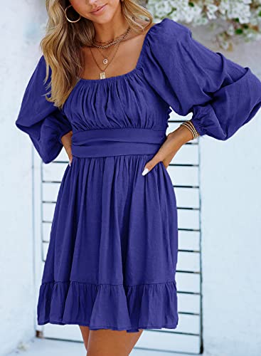 Image of Dokotoo Womens Dress Lantern Sleeve Elastic Waist Tie Backless Mini Dress | Square Neck,Off Shoulder,Flowy,Ruffle A-Line,Casual,Mini Dress,Beach Vacation Clothes,Fall Outifits,Wedding Guest,Boho
