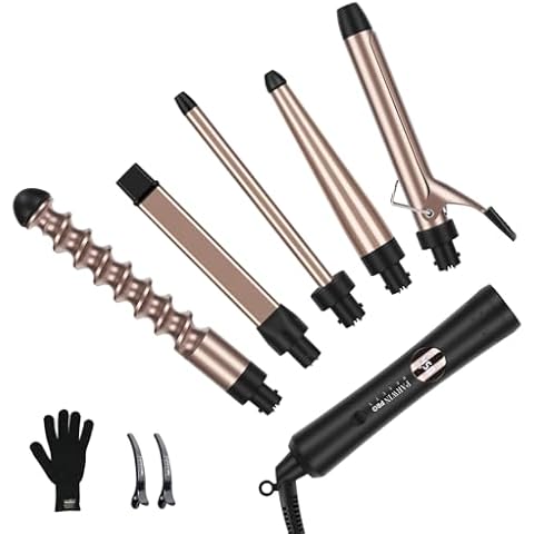 PARWIN PRO BEAUTY 5 in 1 Curling Iron Set with 1 Extra Long 9" Spiral Wand, Professional Hair Wand Curler, Up to 450F, LED Display, Gold, Includes Heat Protective Glove & 2 Clips Cover