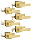 Tinewa 6 Pack Heavy Duty Gold Square Privacy Interior Door Levers, Satin Brass Finish, Bedroom and Bathroom Door Handles Keyless Bed/Bath Lockset