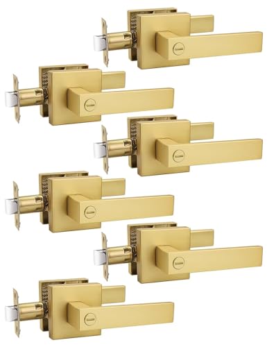Tinewa 6 Pack Heavy Duty Gold Square Privacy Interior Door Levers Satin Brass Finish Bedroom and Bathroom Door Handles Keyless Bed/Bath Lockset