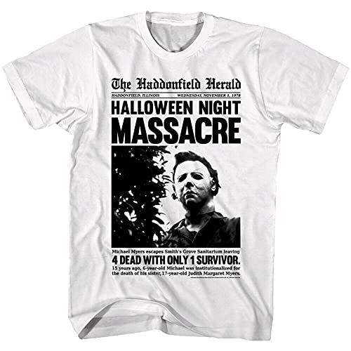XinHui Halloween Haddonfield Herald Headline Mens T Shirt Massacre Horror Michael Myers Men T-Shirt White M