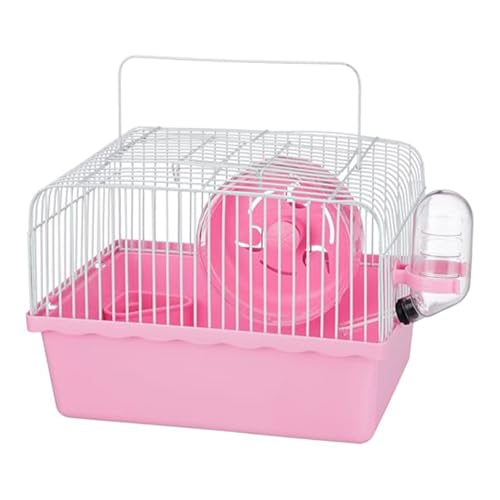 Image of Amazon Basics Hamster, Gerbil, Guinea Pig Cage and Playhouse | Pink | Spacious for Small Pets|Plastic | Double Story with Slide, Exercise Wheel and Feeding Bottle | LxWxH- 23x 17x 25 Cm
