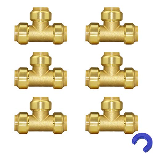 (6-Pack) 1/2-Inch Push-to-Connect Plumbing Tee Fittings,Pushfit Tee Pipe Fitting with 1/2\" Disconnect Clip, Brass Pushfit T Fittings Plumbing Pipe Connector for PEX tubing, Copper, CPVC