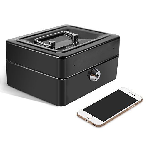 DEWIN Lockable Cash Tin - Lockable Money Tin Mini Portable Steel Petty Lockable Cash Money Coin Safe Security Box Household 1Pc (Black) - Image 3