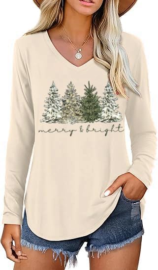 V Neck Christmas Shirts for Women Long Sleeve Xmas Casual Graphic Blouse New Year Festival Tops Winter Basic Indoor Tee