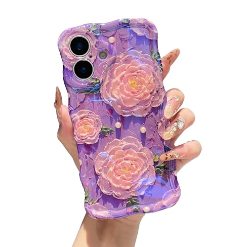 Coque iPhone 16 motif floral retro violet avec cadre ondule et effet laser