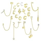 JeryWe 18Pcs Ear Cuff für Damen Kette Ohrringe Knorpel Clip On Wrap Ohrringe Verbunden Manschetten Ohrclipr Ohr Cuffs Set Einstellbare Schmetterling Stern Mond Blatt Baumeln Ohrklemme Fake Ohrringe