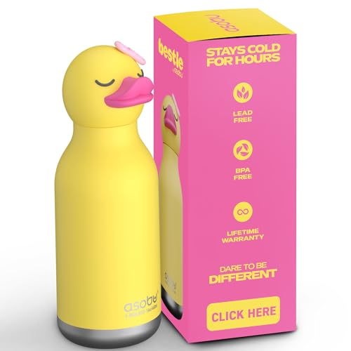 asobu Bestie Bottle Insulated Stainless Steel Water Bottle with Detachable Soft Animal Head Fun Drinking For Kids and Teens with Flexible Reusable Straw 16 Ounce (Duck)
