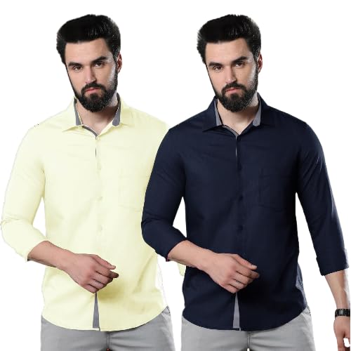 Image of Pinkmint Combo of Men Casual Cotton Blend Full Sleeves Formal Regular Slim Fit Plain Office Shirts