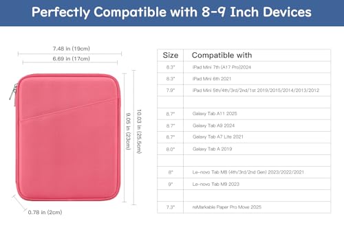 Image of Dadanism 8-9 Inch Tablet Sleeve Bag Carrying Case for iPad mini 7th /6th 8.3 inch, iPad mini 7.9 inch, Galaxy Tab A7 Lite /A9 8.7 inch, Remarkable Paper Pro Move 7.3 inch 2025, Tab M8 8 inch, Tab M9 9 inch, Watermelon Pink