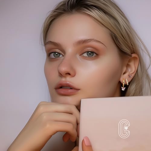 14K Gold Plated Hoop Earrings for Women, Dainty Pink Butterfly Star Sun Heart Hoop Earring Sets with S925 Sterling Silver Post, Pink Earring Stacks Jewelry for Women Trendy3