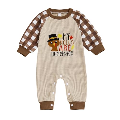 Santikisler Newborn Baby Boy Thanksgiving Outfit Turkey Homemade Rolls Long Sleeve Waffle Romper Jumpsuit Fall (Beige 0-3 Months)
