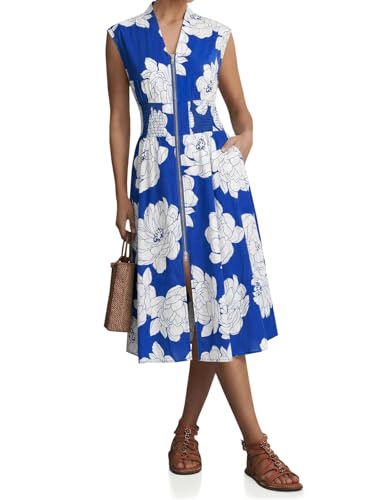 Image of Wenrine Womens Smocked Midi Dress Zipper V Neck Long Summer Dresses | zip front, empire waist, cap sleeve, flowy, a line, high slit, casual midi dress