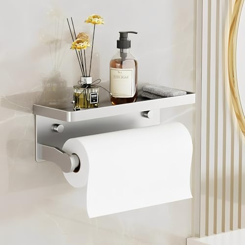 Silver Paper Towel Holder with Shelf, Wall Mount Paper Towel Holder for Bathroom Kitchen, Hand Towel Rack Holder,Paper Roll Holder with Self Adhesive & Screw,RV by Dr.DJ - Used condition - US$18.23