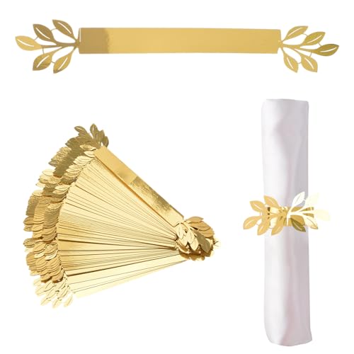 URROMA 50 Pcs Gold Leaves Napkin Rings, Reflective Gold Leaf Design Paper Napkin Holder Buckles for Dinner Party Celebration Valentine Table Decor