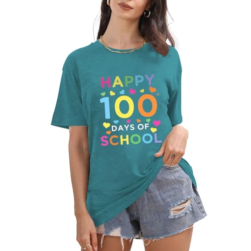 Image of 100th Day of School Shirt for Women Teacher Graphic T-Shirt Funny Teach Short Sleeve Tee Tops