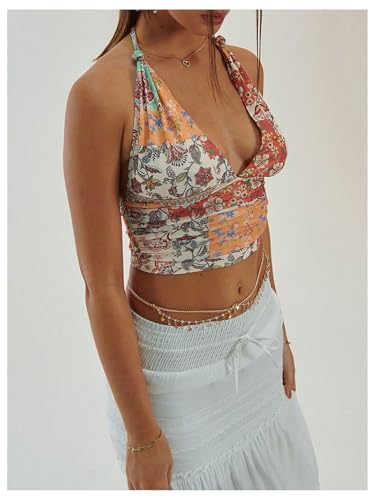 Milumia Women's Boho Paisley Print Tie Backless Halter Top Sleeveless Cropped Tops4