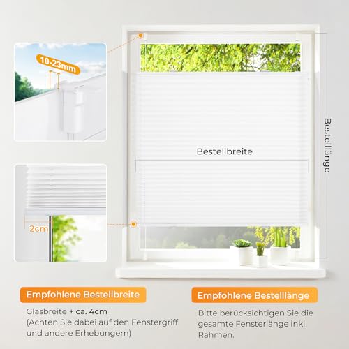 HOMEDEMO Plissee Klemmfix ohne Bohren Jalousien, Weiß 35x100cm (BxH), Plisseerollo mit Klemmträger, lichtdurchlässig Faltrollo Sicht-und Sonnenschutz Blickdicht Jalousie für Fenster & Tür