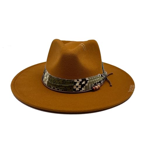 Image of Classic Wide Brim Fedora Hat for Women Man Floppy Panama Hat Western Felt Outdoor Hat with Band Sun Protection