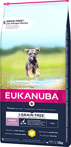 Eukanuba Welpenfutter getreidefrei mit Huhn für kleine und mittelgroße Rassen - Trockenfutter ohne Getreide für Junior Hunde, 12 kg
