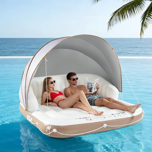 Giantex Canopy Island Inflatable Lounge, Floating Island Raft w/SPF50+ Retractable Detachable Sunshade, 71' x 71' Inflatable Pool Float Canopy w/2 Cup Holders Backrest Armrest for Pool Lake River