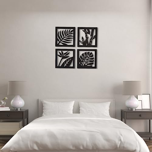 Image of 7 Decore Wooden 4 Pieces Square Tree Leaf Wall Art Panel Frame | Wall Hanging Decoration Items for Living Room, Bedroom, Drawing Room, Dining Room, Stairs, and Office. (Black) (Big Size)