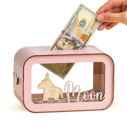 Personalized Wooden Piggy Bank for Kids Toddlers with Clear Acrylic Window, Custom Name Money Box, Unbreakable Educational Coin Bank, Multiple Colors & Sizes, Christmas, Birthday and Easter Decor