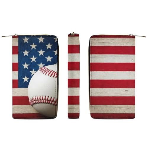 Printed Leather Wallet for Men Women, Portable Baseball Rustic Wooden American Flag Wallets with Large Capacity Multiple Card Slots3