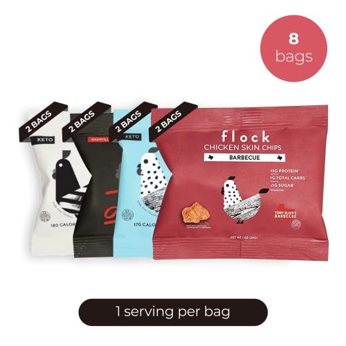 Flock Keto Chicken Skin Chips | 4 Flavors Variety Pack | Low Carb, High Protein, Sugar Free, Gluten Free Fried Chicken Skins | Chicken Chips For People | (1Oz) 8-Pack Crispy Chicken Flock Chips #TOP4