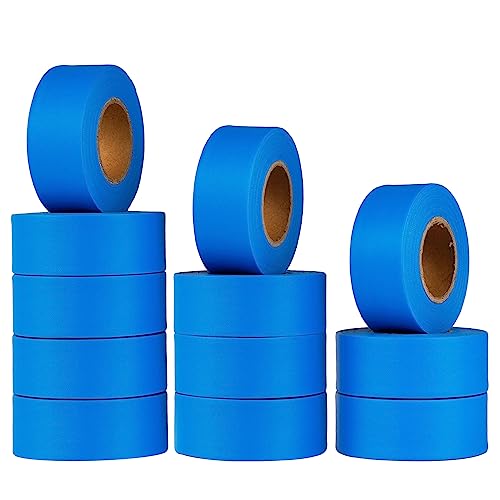 KIWIHUB Blue Flagging Tape 12 Rolls - Non-Adhesive Neon Marking Surveyors Caution Tape, 1-3/16 in. x 150 ft,3.35 Mil Thick