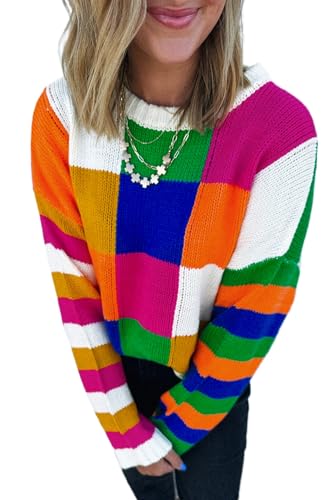 Women's Orange Checkered Color Block Round Neck Loose Sweater